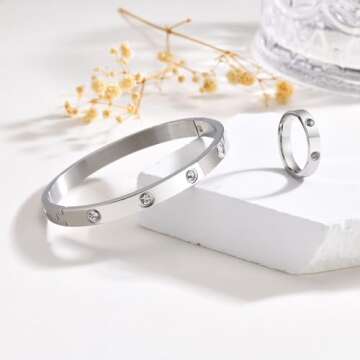 Silver Rings Bracelets for Women - S925 Sterling Silver Love Friendship Bracelet Cubic Zirconia Bangle with Ring Jewelry Set ,Wedding Party Christmas Valentine's Day Birthday Gifts for Her Girlfriend