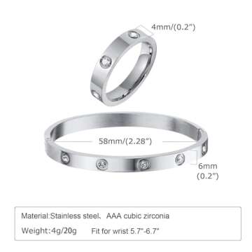 Silver Rings Bracelets for Women - S925 Sterling Silver Love Friendship Bracelet Cubic Zirconia Bangle with Ring Jewelry Set ,Wedding Party Christmas Valentine's Day Birthday Gifts for Her Girlfriend