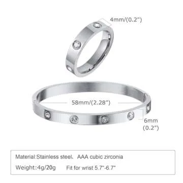 Silver Rings Bracelets for Women - S925 Sterling Silver Love Friendship Bracelet Cubic Zirconia Bangle with Ring Jewelry Set ,Wedding Party Christmas Valentine's Day Birthday Gifts for Her Girlfriend