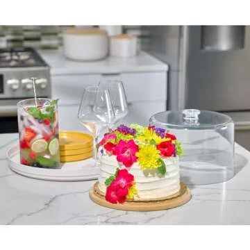 iDesign Recycled Plastic Cake Dome, The Rosanna Pansino Collection – 10.75” L x 10.75” W x 8” H, Clear Dome Lid with Natural Wood Base