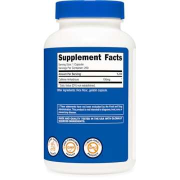 Nutricost Caffeine Pills for Energy Boost 250 Capsules