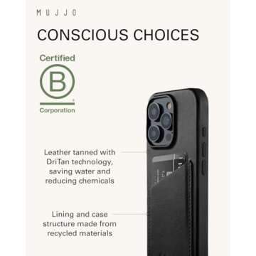 Mujjo Leather Wallet Phone Case - Fits iPhone 16 Pro - MagSafe Compatible - Premium European Leather Case with Card Pocket - Enhanced Phone & Camera Protection - Crafted with Recycled Materials Black