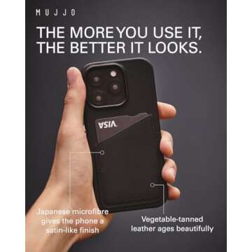 Mujjo Leather Wallet Phone Case - Fits iPhone 16 Pro - MagSafe Compatible - Premium European Leather Case with Card Pocket - Enhanced Phone & Camera Protection - Crafted with Recycled Materials Black