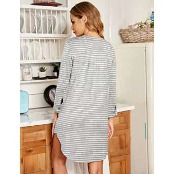 Ekouaer Women's Nightshirt Soft Nightwear Loose Sleepwear Button Down Nightdress Striped Sleepshirts White Grey Stripe,L