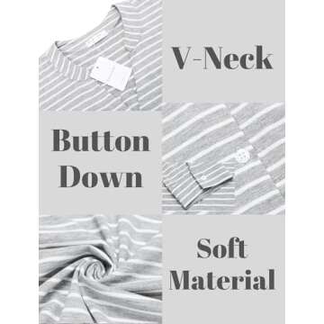 Ekouaer Women's Nightshirt Soft Nightwear Loose Sleepwear Button Down Nightdress Striped Sleepshirts White Grey Stripe,L
