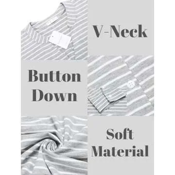 Ekouaer Women's Nightshirt Soft Nightwear Loose Sleepwear Button Down Nightdress Striped Sleepshirts White Grey Stripe,L
