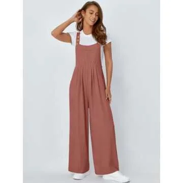 AUTOMET Womens Jumpsuits Overalls Wide Leg Casual Summer Outfits Rompers Jumpers Sleeveless Straps With Pockets 2025 Rust S
