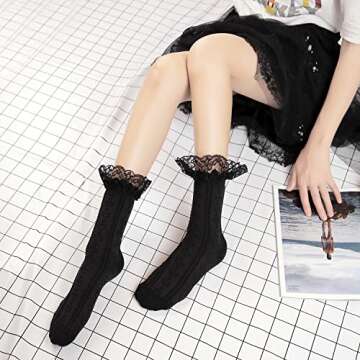 BIVOLU Womens Crew Socks Lace Ruffle Frilly Cotton Cute Princess Ankle Dress Socks for Girl 6 Pack