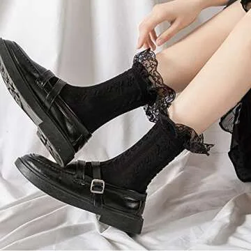 BIVOLU Womens Crew Socks Lace Ruffle Frilly Cotton Cute Princess Ankle Dress Socks for Girl 6 Pack