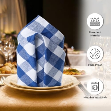 Urban Villa Dinner Napkins Buffalo Checks Plaid Cloth Napkins Set of 12 Blue/White Color Checks 100% Cotton Dinner Napkins Size 20x20 Inches Cloth Napkins Hotel Quality Dinner Napkins