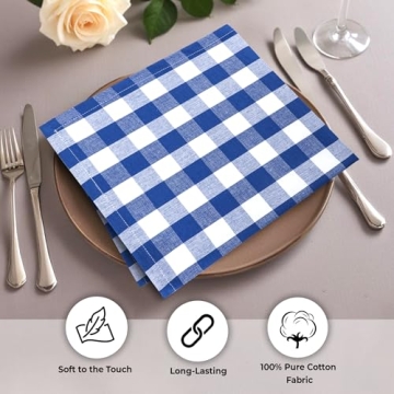 Urban Villa Dinner Napkins Buffalo Checks Plaid Cloth Napkins Set of 12 Blue/White Color Checks 100% Cotton Dinner Napkins Size 20x20 Inches Cloth Napkins Hotel Quality Dinner Napkins