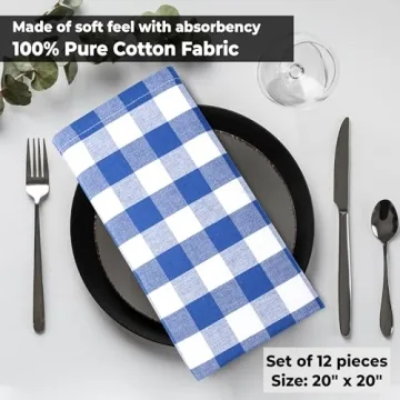 Urban Villa Dinner Napkins Buffalo Checks Plaid Cloth Napkins Set of 12 Blue/White Color Checks 100% Cotton Dinner Napkins Size 20x20 Inches Cloth Napkins Hotel Quality Dinner Napkins