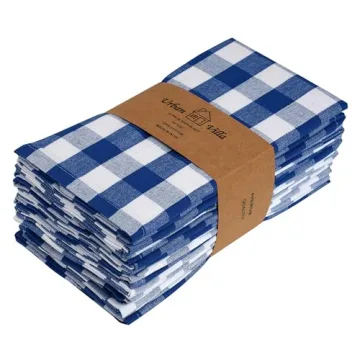 Urban Villa Dinner Napkins Buffalo Checks Plaid Cloth Napkins Set of 12 Blue/White Color Checks 100% Cotton Dinner Napkins Size 20x20 Inches Cloth Napkins Hotel Quality Dinner Napkins