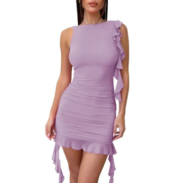 Zwurew Women's Bodycon Mini Dress - Summer Sleeveless Ruched Mesh Ruffled Hem