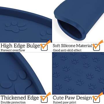 Ptlom Silicone Pet Placemat for Dogs and Cats, Waterproof Non-Slip Pet Feeding Bowl Mats for Food Water, Small Medium Tray High-Lips Edge Mat Prevents Messes from Spilling to Floor, Navy Blue, 2pcs