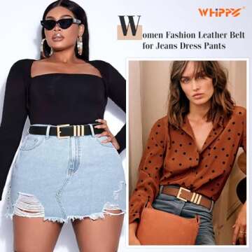 WHIPPY 2 Pack Women's Leather Belts Fashion Square Gold Buckle Ladies Belt for Jeans Pants Dress Bla...