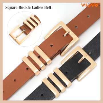 WHIPPY 2 Pack Women's Leather Belts Fashion Square Gold Buckle Ladies Belt for Jeans Pants Dress Black+Brown S