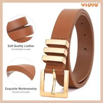 WHIPPY 2 Pack Women's Leather Belts Fashion Square Gold Buckle Ladies Belt for Jeans Pants Dress Black+Brown S