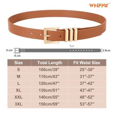 WHIPPY 2 Pack Women's Leather Belts Fashion Square Gold Buckle Ladies Belt for Jeans Pants Dress Black+Brown S