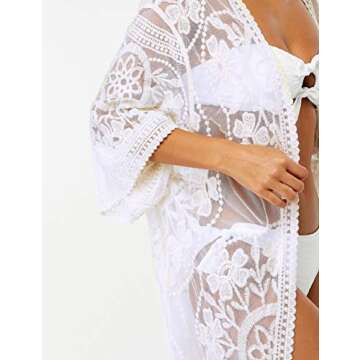 Bsubseach Lace Long Kimonos Women Boho Duster Cardigans Swimsuit Beach Open Front Coverup Sheer Robe Bathing Suit Cover Up White