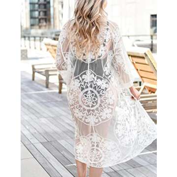 Bsubseach Lace Long Kimonos Women Boho Duster Cardigans Swimsuit Beach Open Front Coverup Sheer Robe Bathing Suit Cover Up White