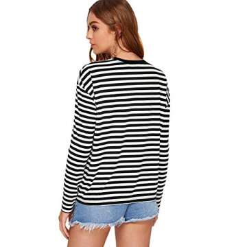 SweatyRocks Women's Casual Striped Tee Shirt Long Sleeve Round Neck Top Black M