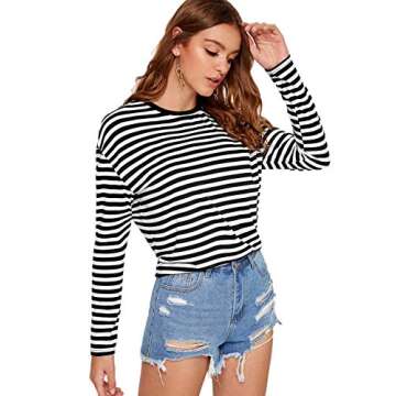 SweatyRocks Women's Casual Striped Tee Shirt Long Sleeve Round Neck Top Black M