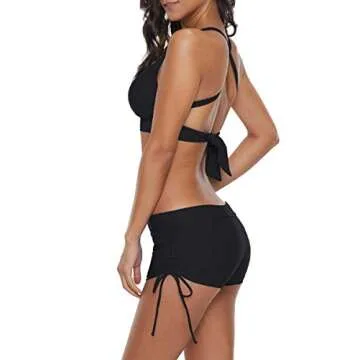 Century Star Women Push Up Athletic Two Piece Bikini Set Deep V Neck Halter Back with Boyshort Swimsuit Vintage Bathsuit Z Black 6-8