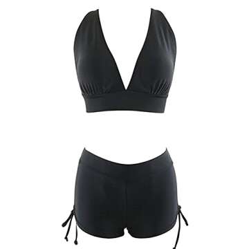 Century Star Women Push Up Athletic Two Piece Bikini Set Deep V Neck Halter Back with Boyshort Swimsuit Vintage Bathsuit Z Black 6-8
