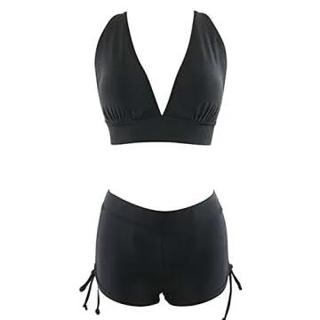 Century Star Women Push Up Athletic Two Piece Bikini Set Deep V Neck Halter Back with Boyshort Swimsuit Vintage Bathsuit Z Black 6-8