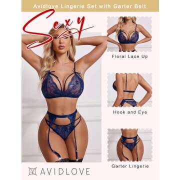 Avidlove Women Lingerie Set Lace Teddy Strap Babydoll Bodysuit with Garter Belts (L, Navy Blue)