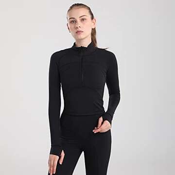 ZHENWEI Yoga Tops for Women Long Sleeve 1/2 Zip Athletic Tops for Women Running Top with Thumb Holes Black S