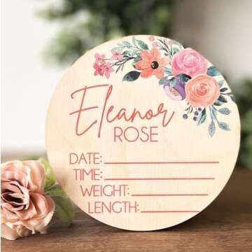 Personalized Floral Wood Birth Stat Sign for Baby Nursery