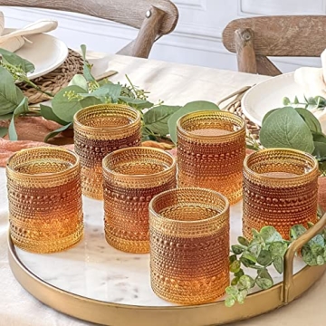 Kate Aspen Beaded Amber Drinking Glasses Set of 6-10 oz Vintage Glassware Set Jupiter Glasses, Cocktail Glass Set, Juice Glass, Water Cups Hostess Gift, Present, Gift for Newlyweds