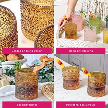 Kate Aspen Beaded Amber Drinking Glasses Set of 6-10 oz Vintage Glassware Set Jupiter Glasses, Cocktail Glass Set, Juice Glass, Water Cups Hostess Gift, Present, Gift for Newlyweds