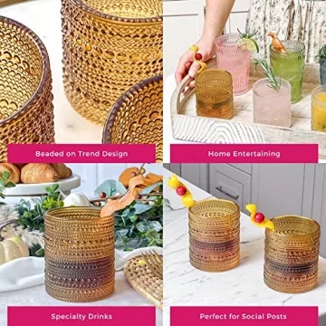 Kate Aspen Beaded Amber Drinking Glasses Set of 6-10 oz Vintage Glassware Set Jupiter Glasses, Cocktail Glass Set, Juice Glass, Water Cups Hostess Gift, Present, Gift for Newlyweds