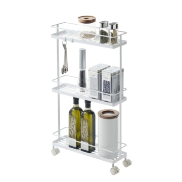 Yamazaki Home Rolling Kitchen Island Three Tier Metal Storage Cart - Portable Organizer Shelves Util...