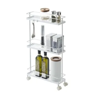 Yamazaki Home Rolling Kitchen Island Three Tier Metal Storage Cart - Portable Organizer Shelves Util...