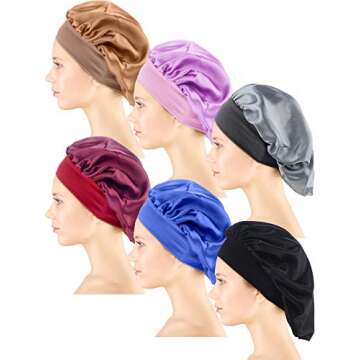 6 Pieces Satin Sleep Cap Elastic Wide Band Hat Night Sleeping Head Cover for Good Sleeping (Silver Black Wine Red Royal Blue Gold Purple)