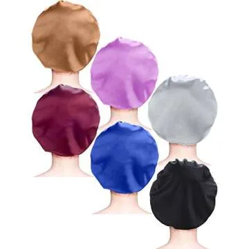 6 Pieces Satin Sleep Cap Elastic Wide Band Hat Night Sleeping Head Cover for Good Sleeping (Silver Black Wine Red Royal Blue Gold Purple)