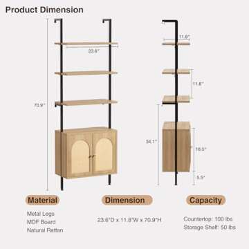 Ladder Bookshelf with Cabinet, 6 Tier Wall Mount Ladder Bookcase with Rattan Cabinet, Tall Open Ladd...