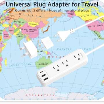 European Travel Plug Adapter, WRXDMC International Travel Plug Adapter, US to UK Europe Plug Adapter, Power Strip for EU/UK/US, 3 USB Ports, 3 AC Outlets, 5ft Cord,Travel necessities in most countries