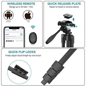 54" Phone Tripod Stand Extendable, Lightweight Aluminum Tripod for iPhone with Remote, Phone Holder for Live Stream & Selfies, Video Recording, Compatible with Phone/GoPro/Digital Cameras Black