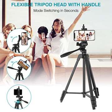 54" Phone Tripod Stand Extendable, Lightweight Aluminum Tripod for iPhone with Remote, Phone Holder for Live Stream & Selfies, Video Recording, Compatible with Phone/GoPro/Digital Cameras Black