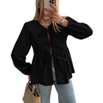 PRETTYGARDEN Women's Babydoll Peplum Blouse - Trendy Bow Tie Top in Solid Black