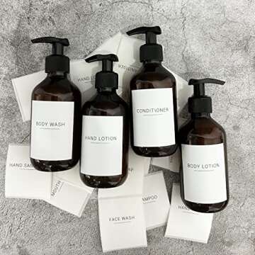 Ezebesta Soap Lotion Pump Dispensers with Labels 10.15Oz Bathroom Brown Dispenser Bottles 4 Pieces w...