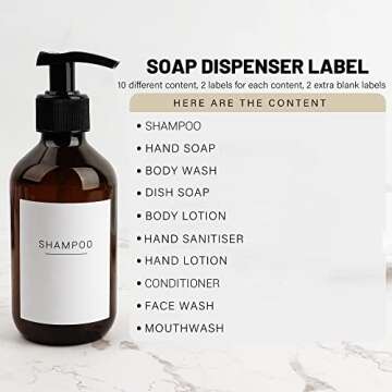 Ezebesta Soap Lotion Pump Dispensers with Labels 10.15Oz Bathroom Brown Dispenser Bottles 4 Pieces with 22 Labels