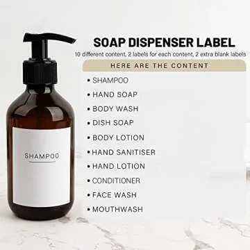 Ezebesta Soap Lotion Pump Dispensers with Labels 10.15Oz Bathroom Brown Dispenser Bottles 4 Pieces with 22 Labels