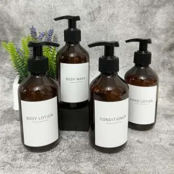 Ezebesta Soap Lotion Pump Dispensers with Labels 10.15Oz Bathroom Brown Dispenser Bottles 4 Pieces with 22 Labels