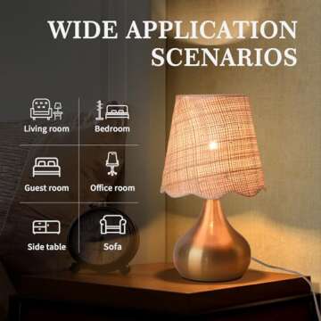 Ziqqeelam Gold Small Bedside Table Lamp for Bedroom, Brass Gold Mini Table Lamps for Nightstand, Small Scalloped Rattan Shade Table Lamps for Small Spaces for Bedroom, Kitchen, Living Room, Kids Dorm
